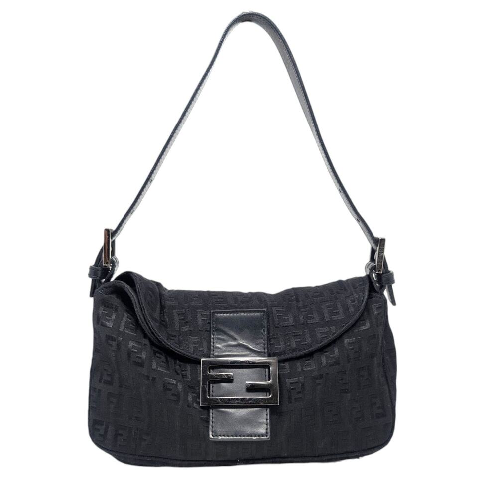 Fendi Black Zucchino FF Monogram Baguette Shoulder Bag Vintage Authentic